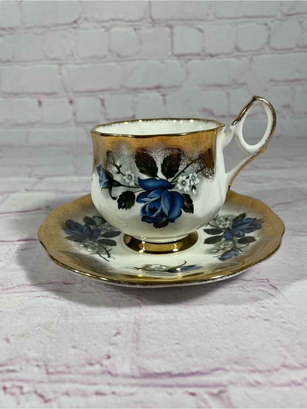 Vintage Taylor & Kent Elizabethan Blue Floral Gold Gilt Teacup and Saucer Set